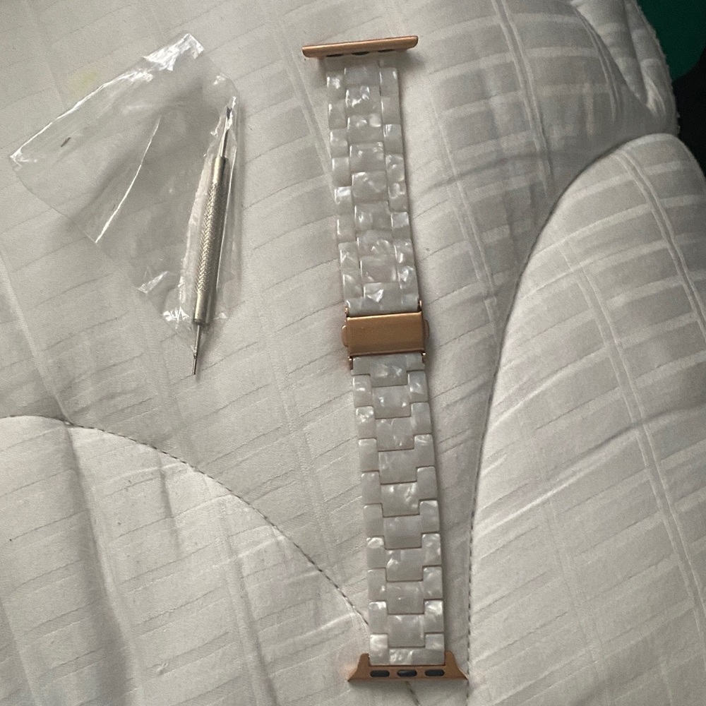 White Pearl Resin Apple Watch Band with Rose Gold Adapters